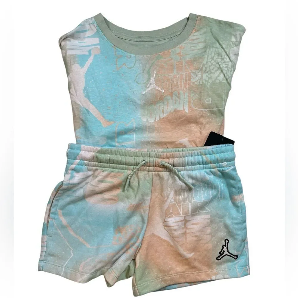 NWT Jordan Girls Short Set Blue Green Tie Die Tee & Shorts Athletic- Size Medium